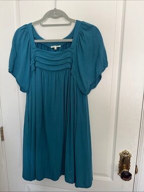 Pleated Yoke Teal Short Sleeve Dress